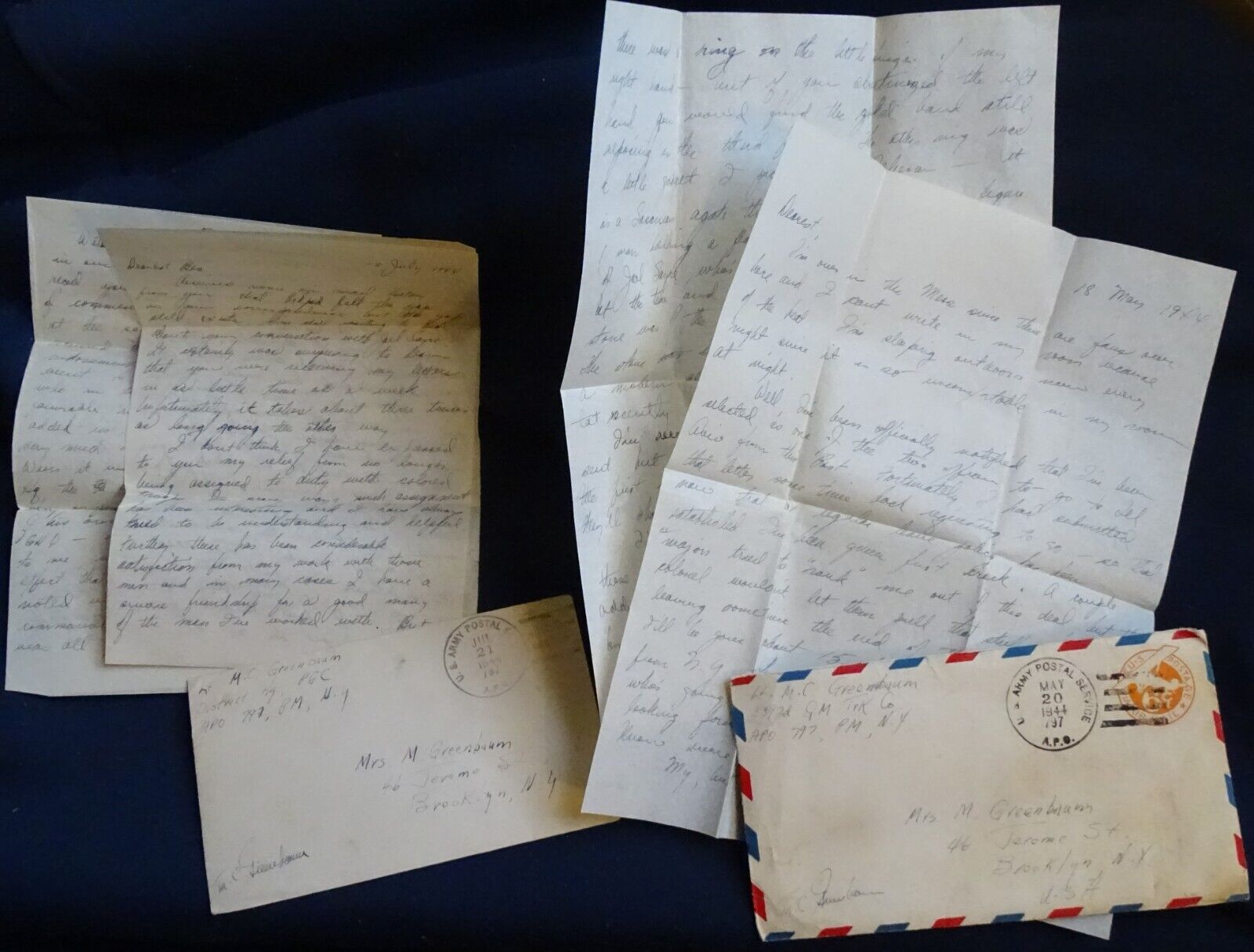 two 1944 letters in Army Postal Service postmarked envelopes; 3392d QM Trk Co