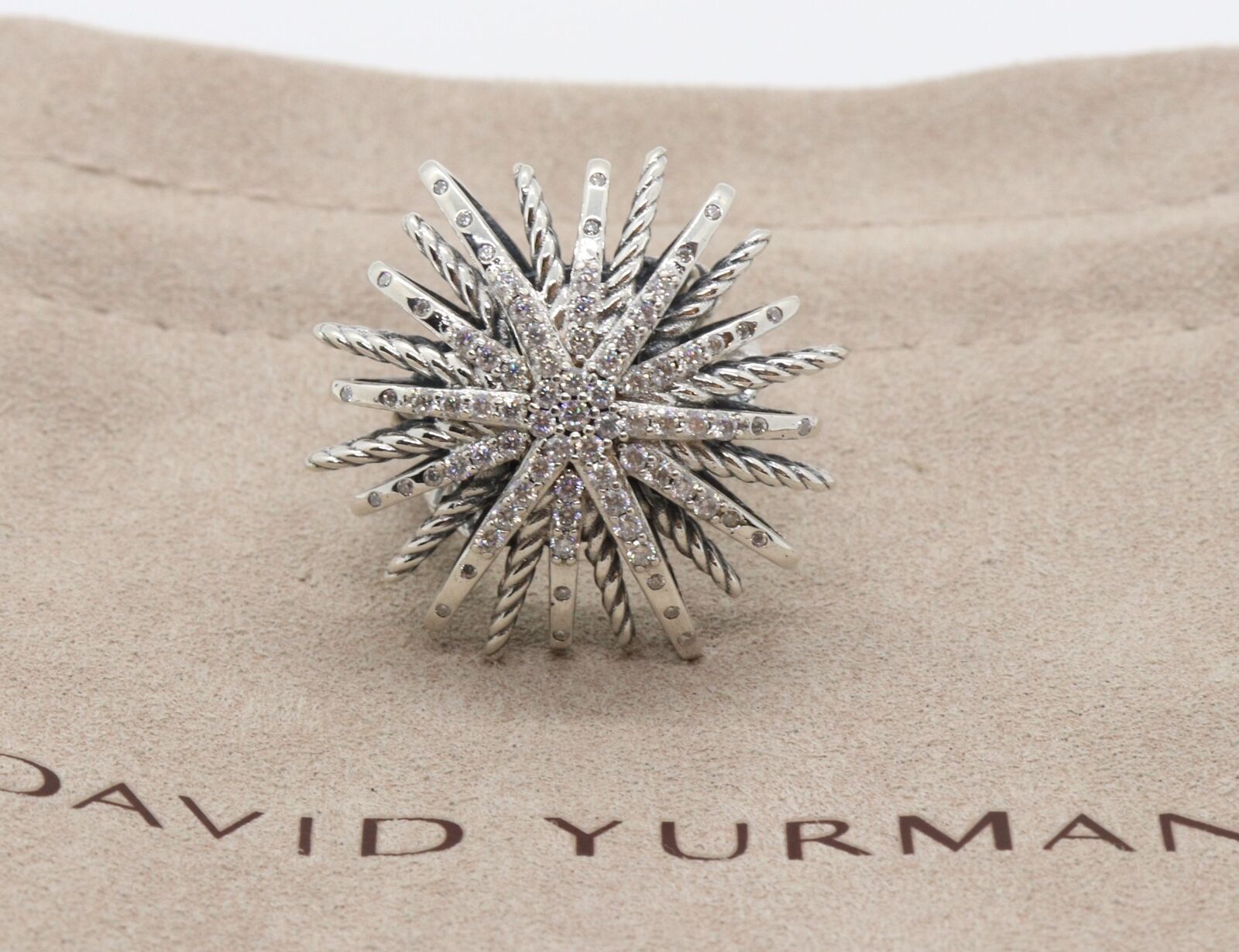 David Yurman Sterling Silver 34mm Starburst Pave Diamond Ring size 6.25