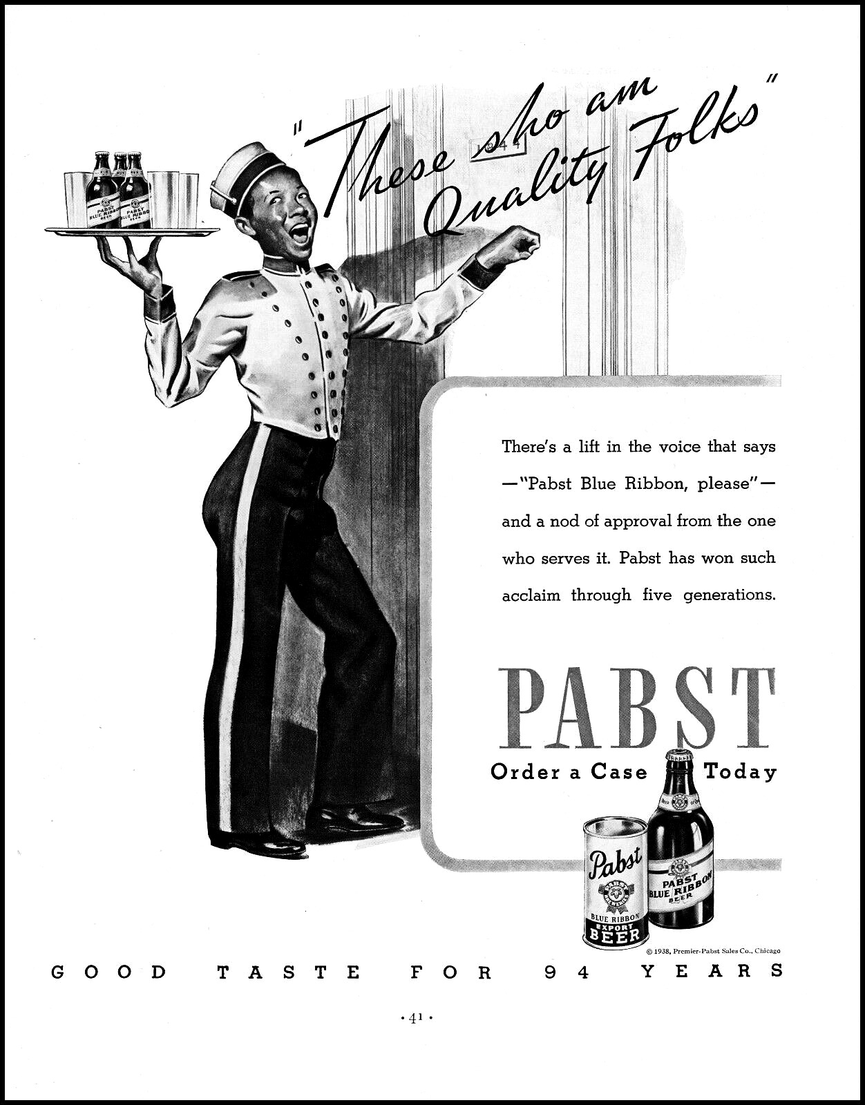 1938 Pabst Blue Ribbon Beer African-American Bellhop vintage art print ad XL3