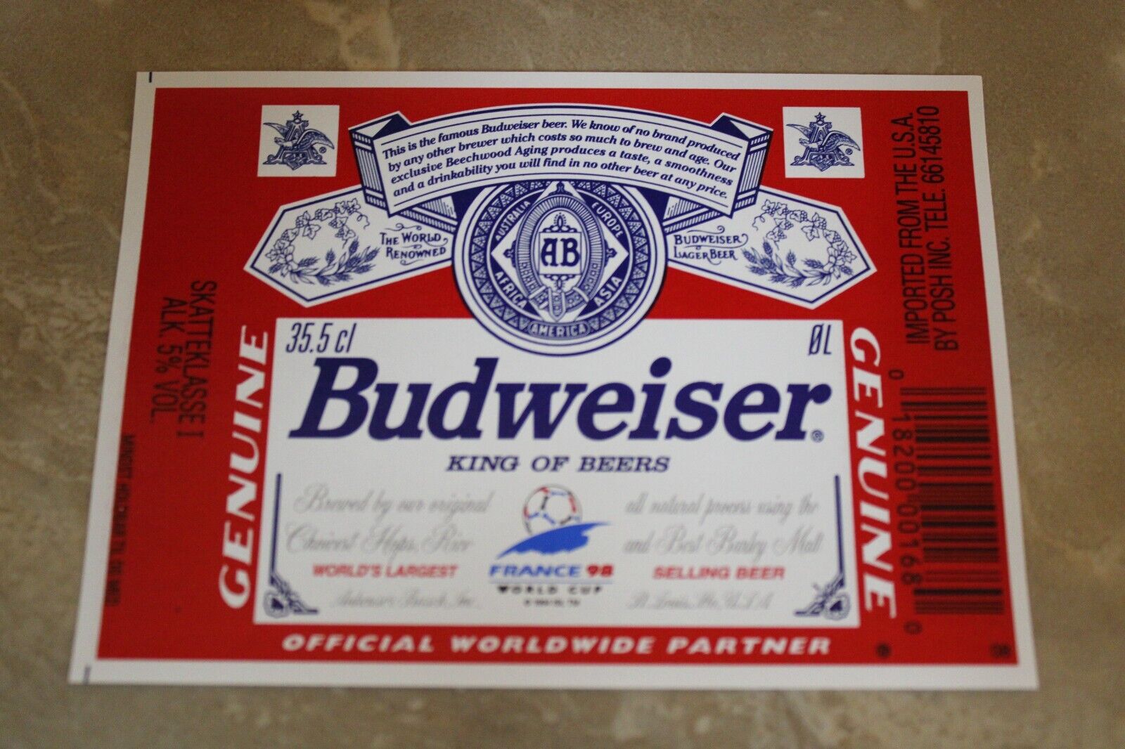 1998 Anheuser Busch Budweiser Soccer World Cup Beer Label France