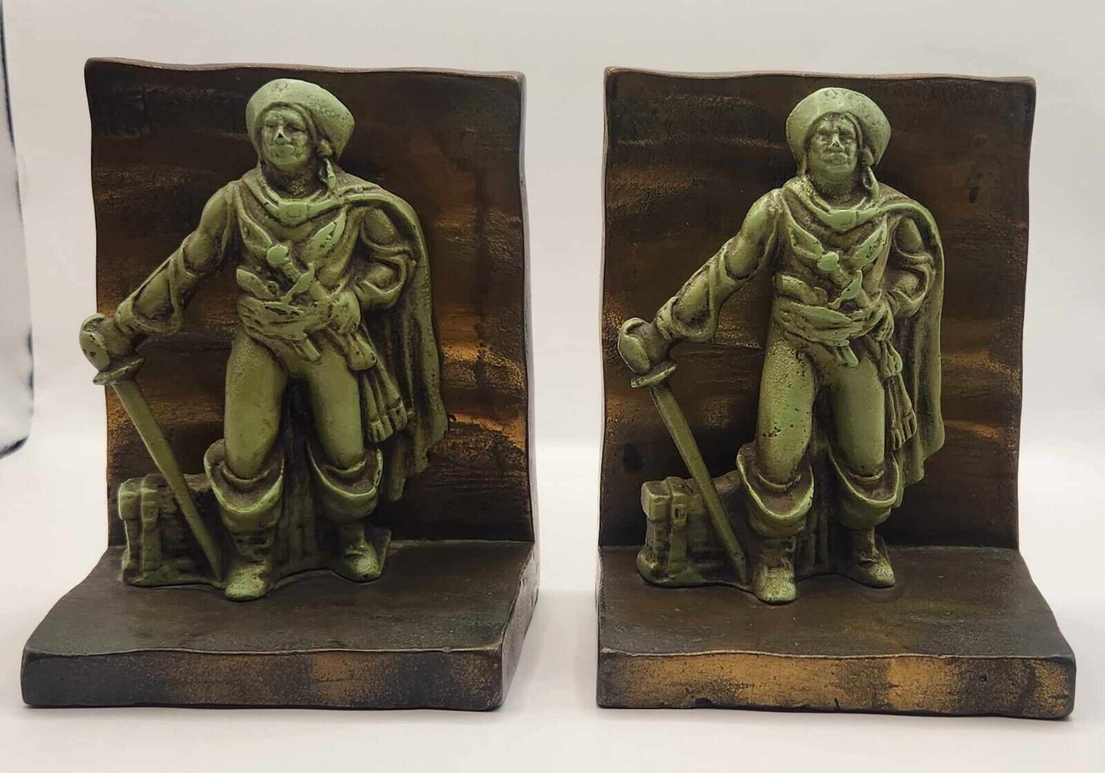 Vintage Bookends Pirate W/ Chest, Littco Foundry w/ tag  Painted Cast Iron 1930s