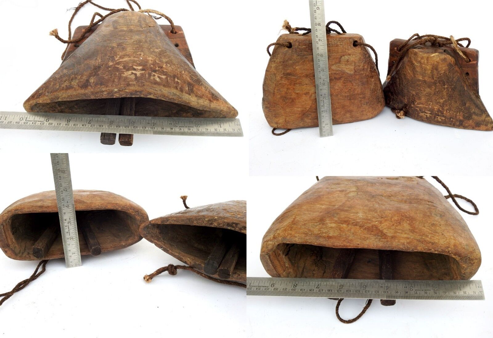 Antique 1900'S Vintage Wooden Crafted Cow Bell Hand Carved Collectible Art India