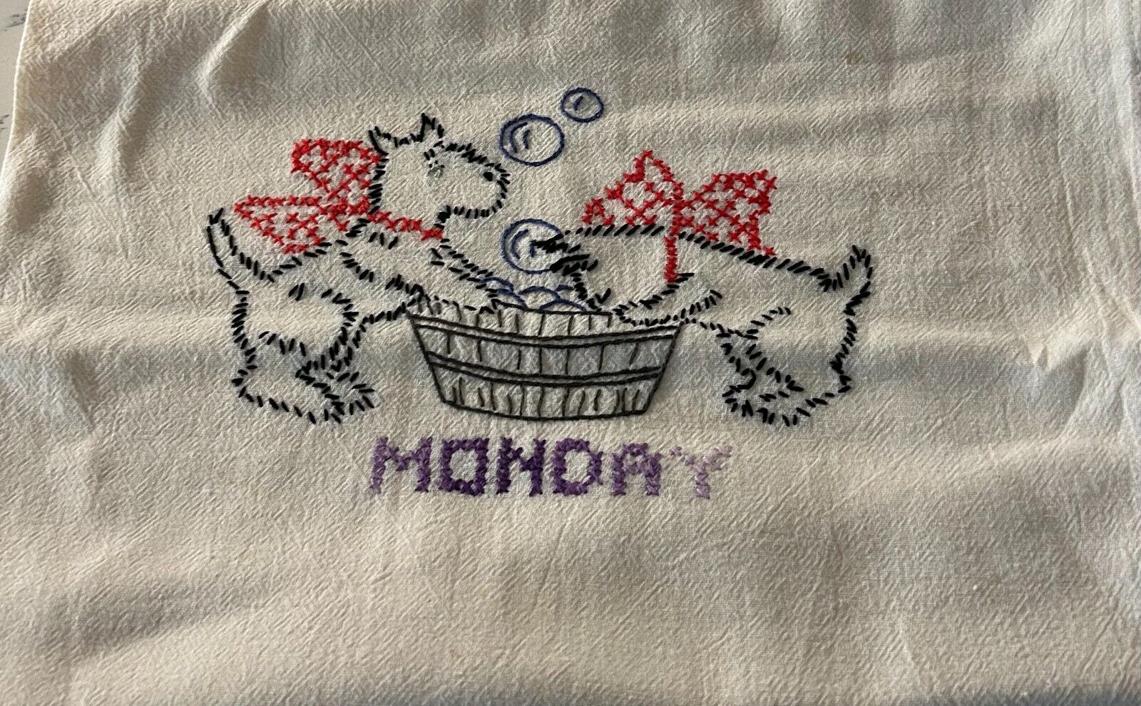 Vintage Scotties Dogs Embroidered Dish Towel MONDAY