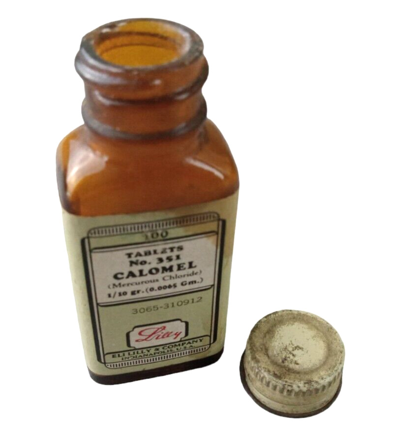 1940's Advertising ELI LILLY No 351 CALOMEL Glass Medicine Pharmacy Bottle EMPTY