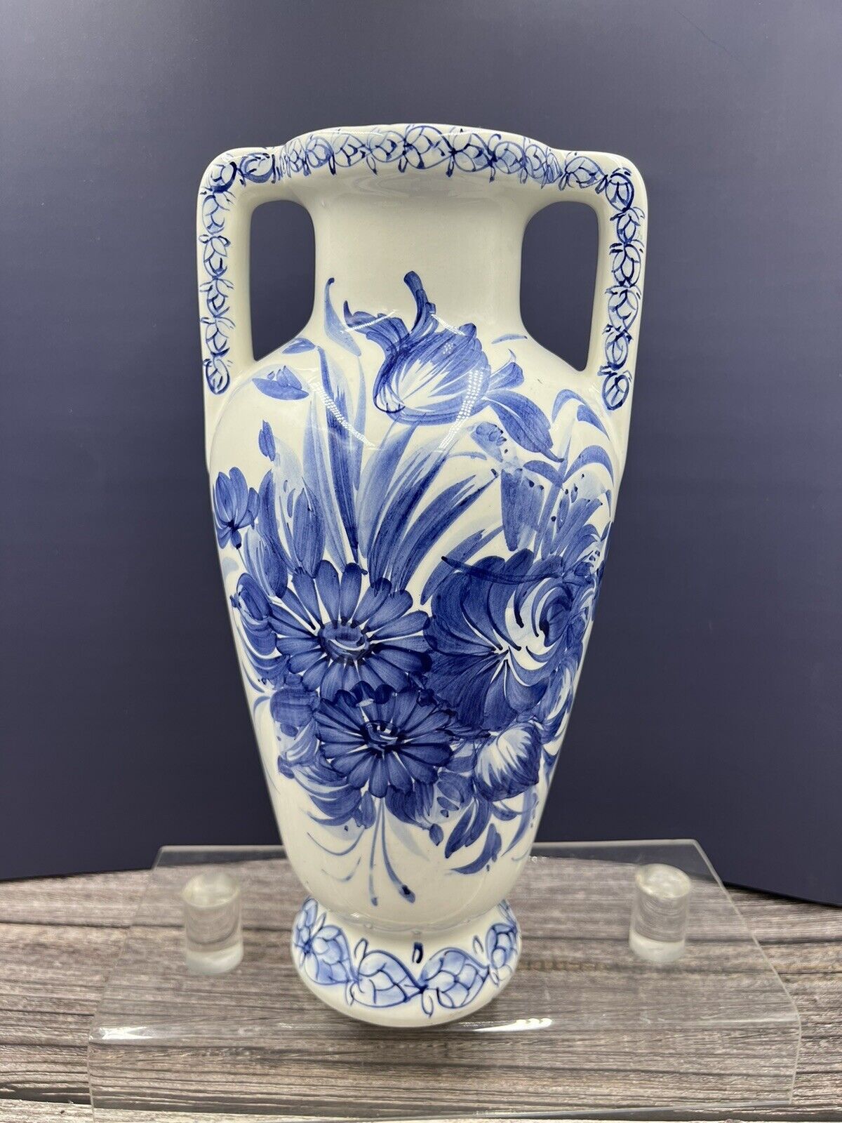 HTF 12” Bassano Hand Painted Blue White Ceramic Vase Vintage Dual Handle Flower