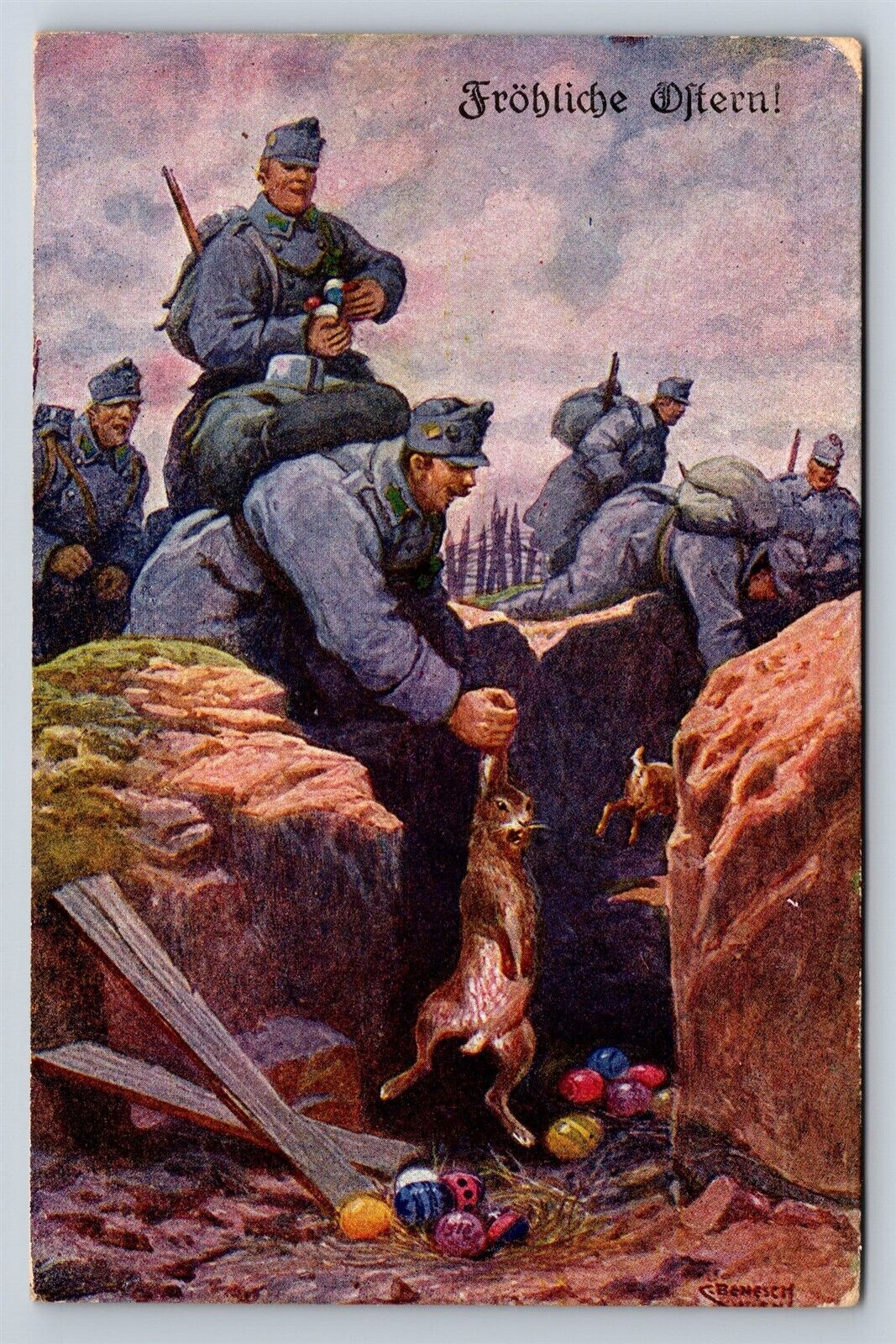 German Postcard WWI Soldier Catches Easter Rabbit Eggs In Trench AT15