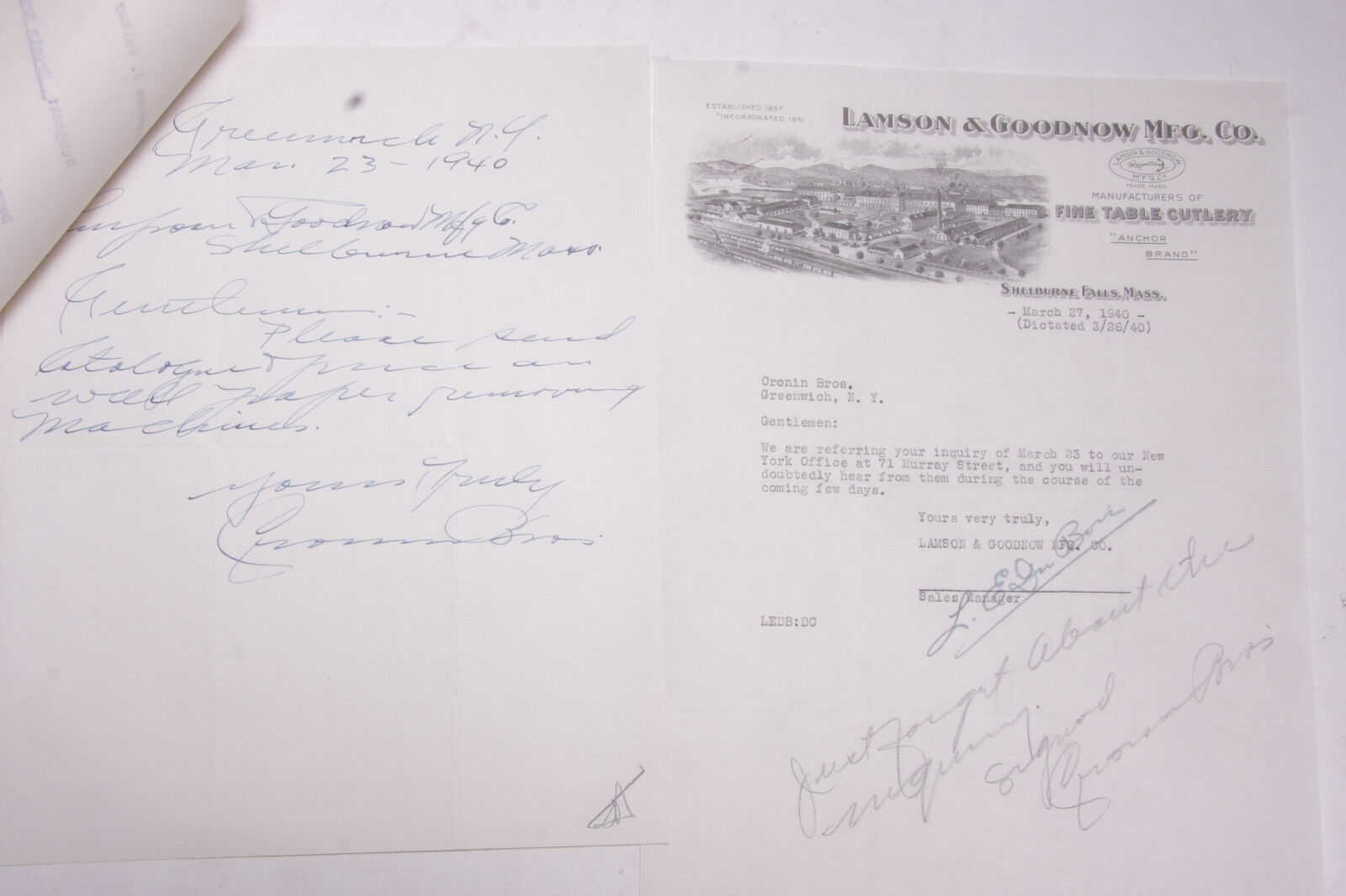 1940 Lamson Goodnow Cronin Bros Greenwich NY Handwritten Letter Ephemera P680B