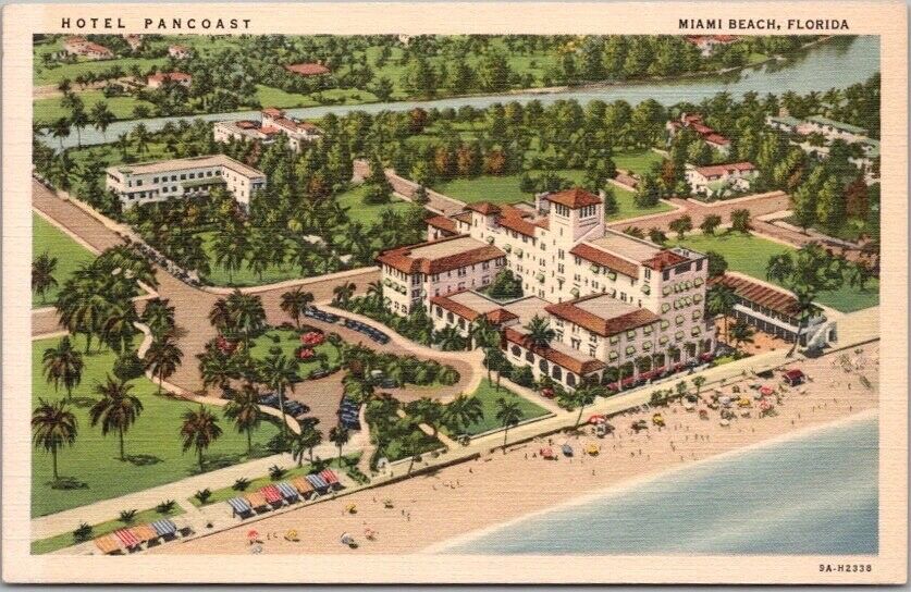 Miami Beach, Florida Postcard HOTEL PANCOAST Aerial View - Curteich Linen 1939