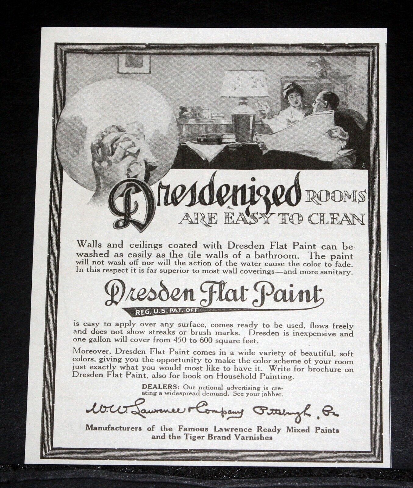 1917 OLD MAGAZINE PRINT AD, DRESDEN FLAT PAINT FOR ROOMS THAT ARE EASY TO CLEAN