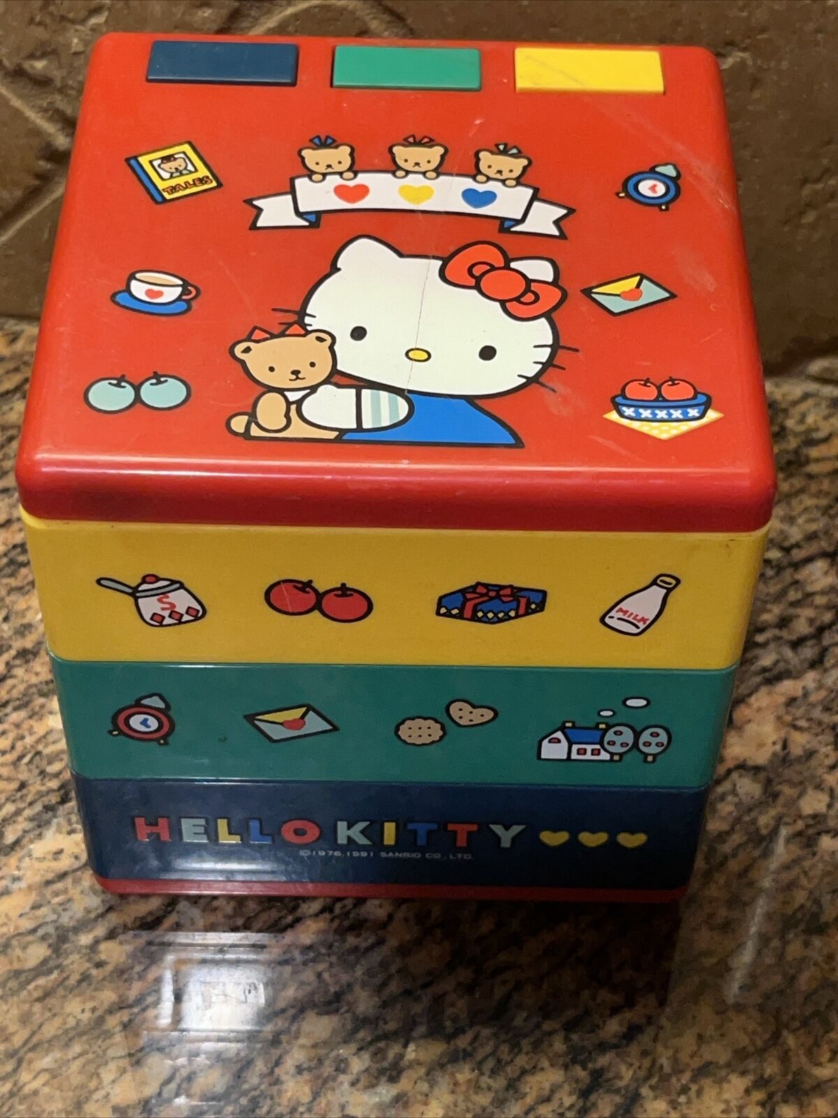 Sanrio Vintage Hello Kitty Push Button Trinket Box Case Red Yellow Green “As Is”