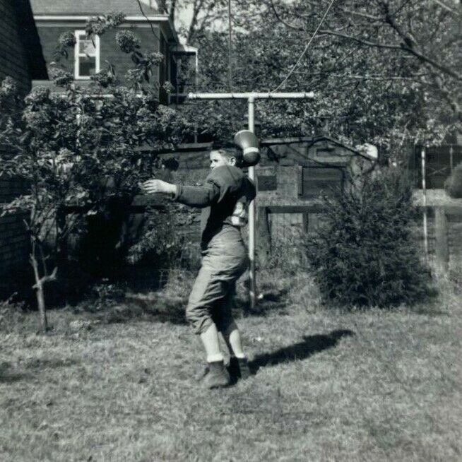 Boy Football Uniform Passing Ball Vintage B&W Photograph Snapshot 3.25 x 5