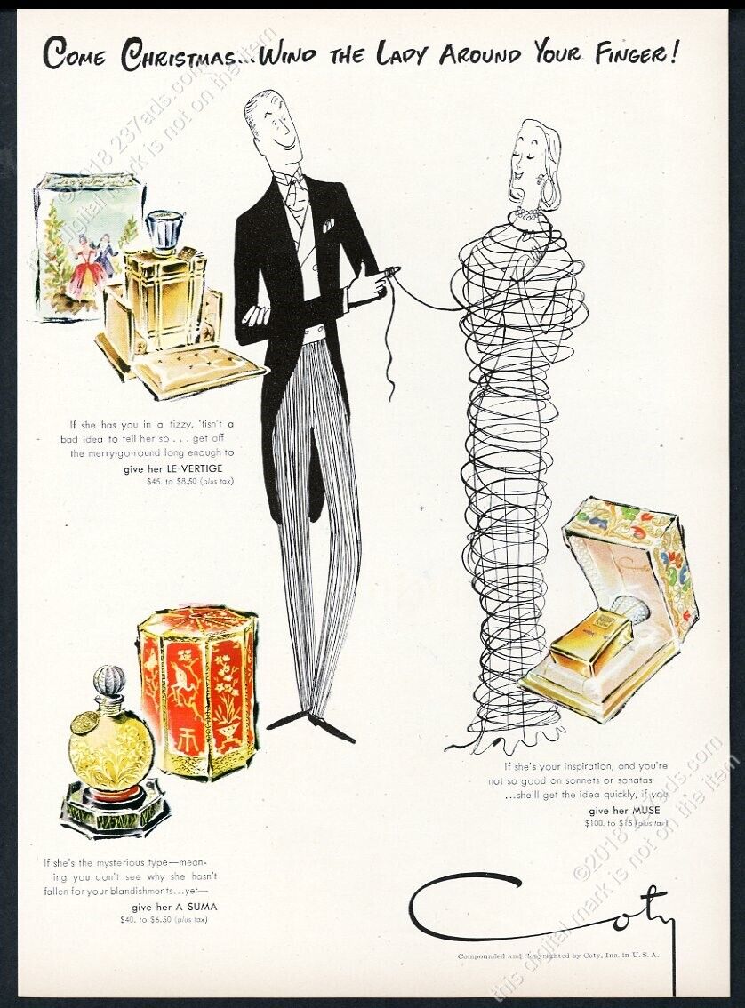 1947 Coty Le Vertige A Suma Muse perfume couple Christmas art vintage print ad