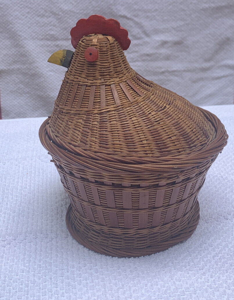 Vintage Hen on Nest Wicker Basket, with Carved Wooden Beak, Comb and Button Eyes