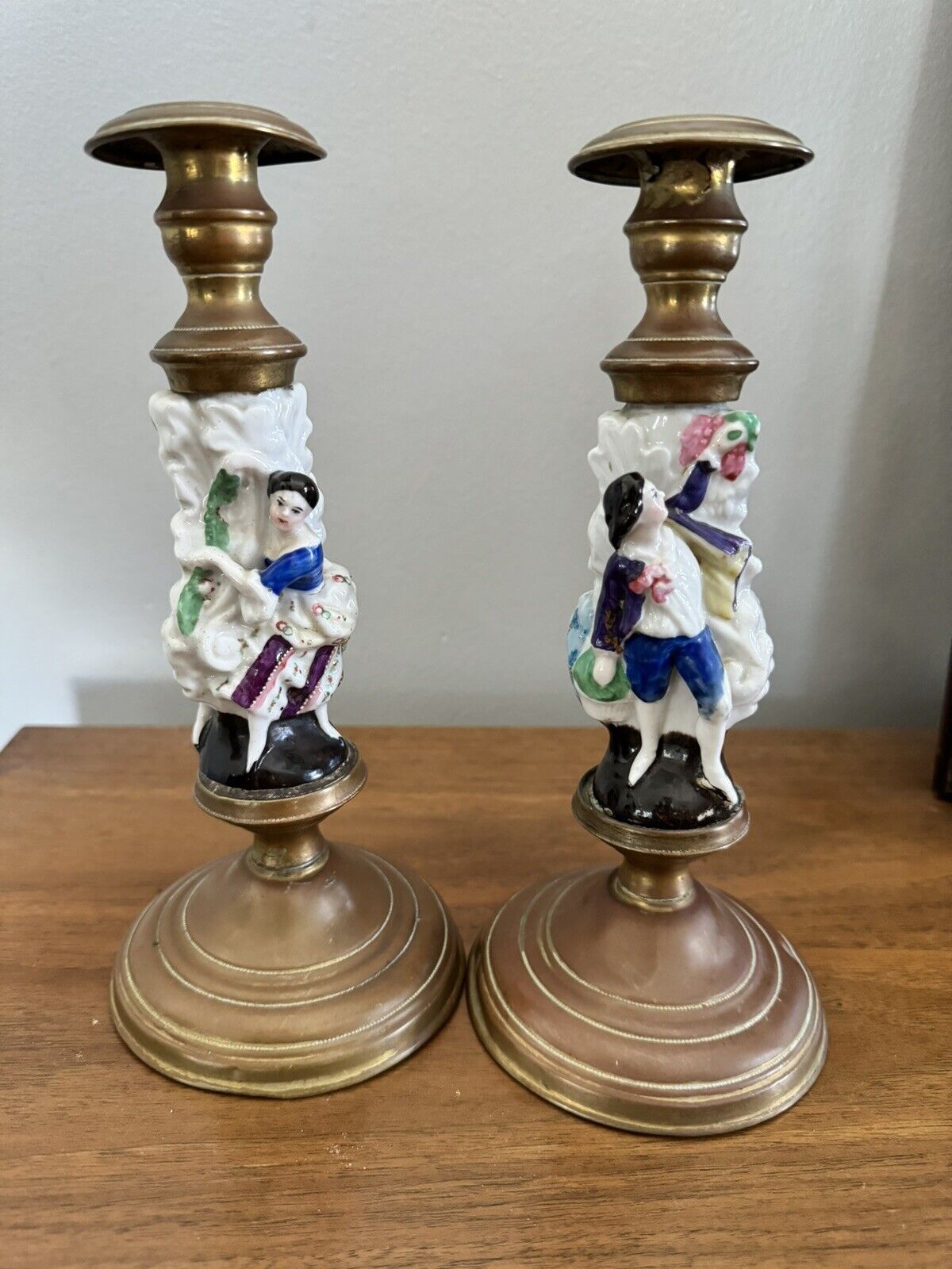 Vintage Antiqued Brass Candle Holders W/glass Victorian Colorful Woman And Man