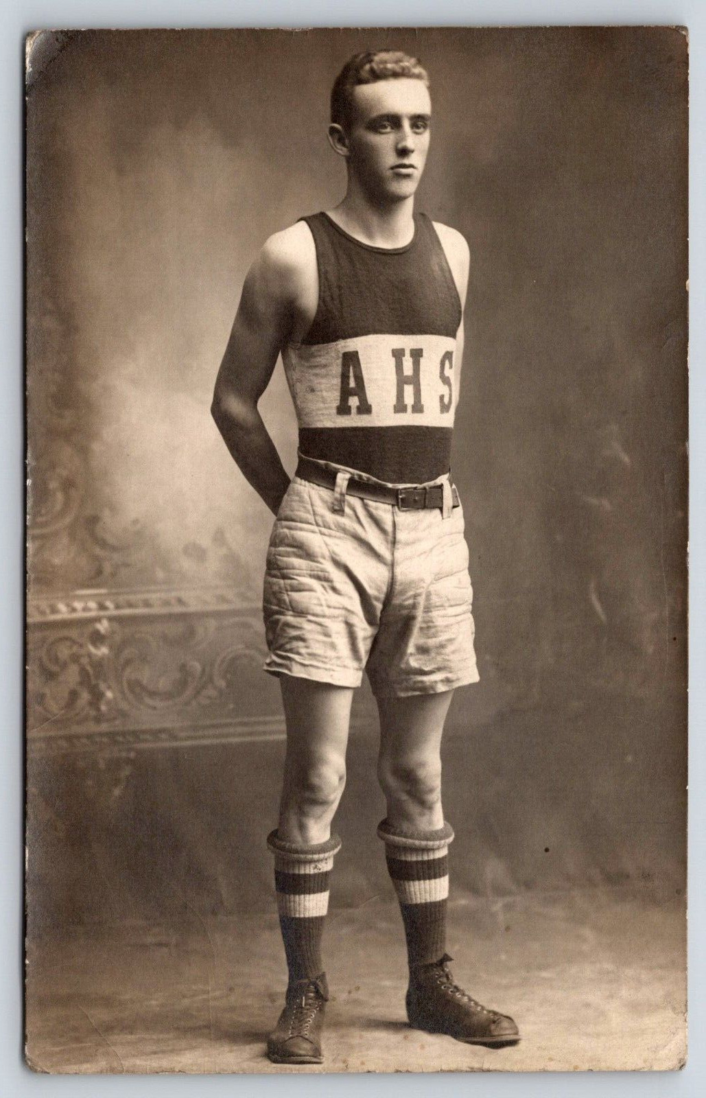 Original Old Vintage Antique Real Photo Postcard High School Sports Player RPPC
