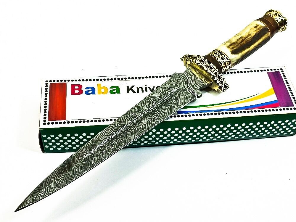 BEAUTIFUL CUSTOM HAND MADE DAMASCUS STEEL HUNTING DAGGER KNIFE HANDLE STAG
