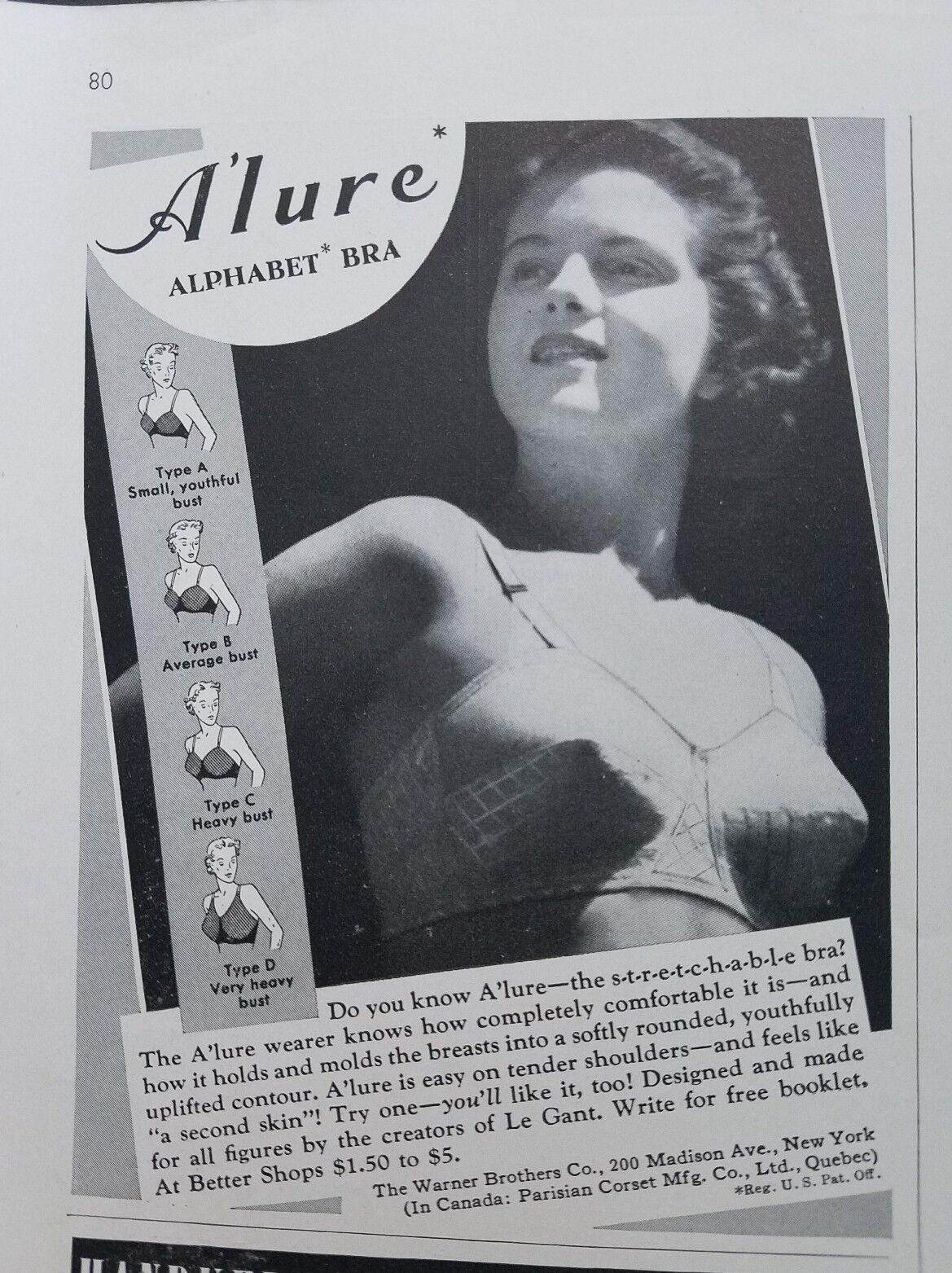 1939 women\'s Alure alphabet bra Warner Brothers A\'lure fashion ad