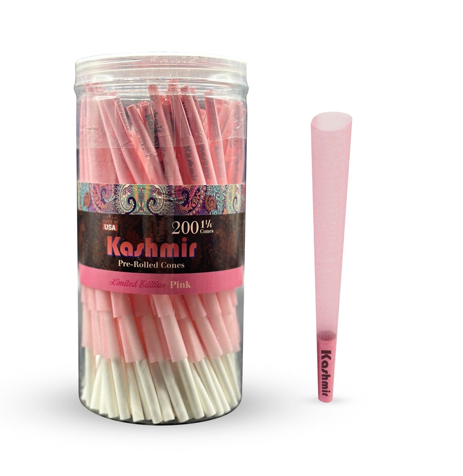 Kashmir Pink Pre Rolled Cones Natural Gum & Smooth Rolling Papers 1 1/4 - 200 Ct
