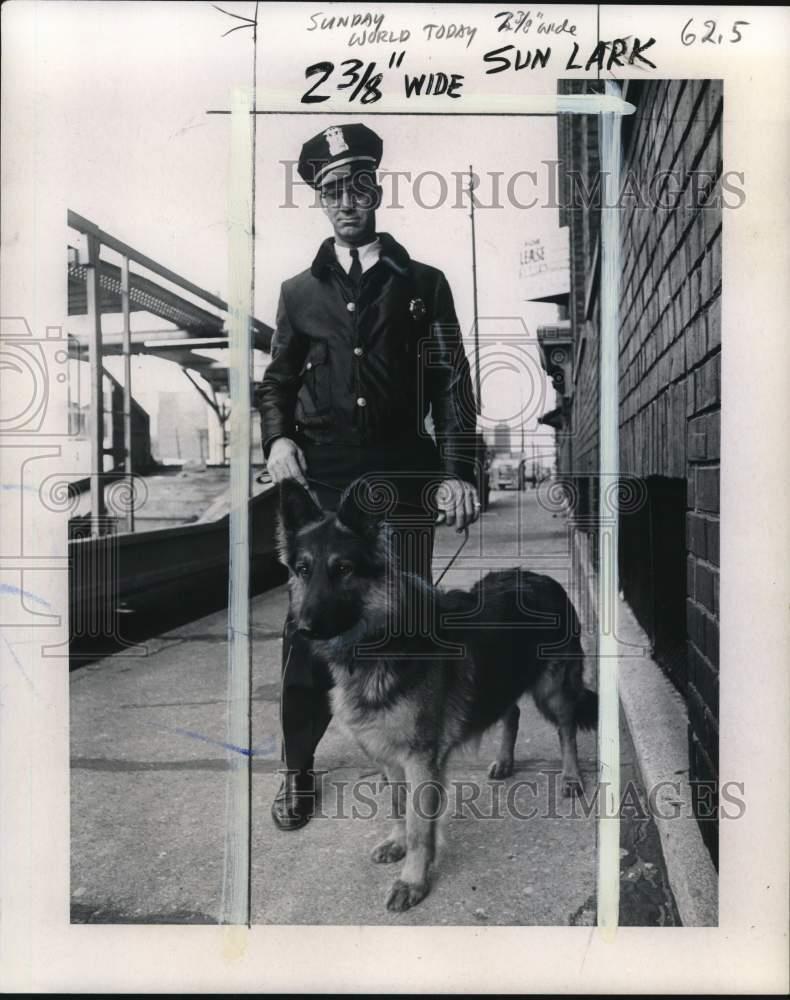 1970 Press Photo Police officer with German Shepherd dog on patrol - pio29315