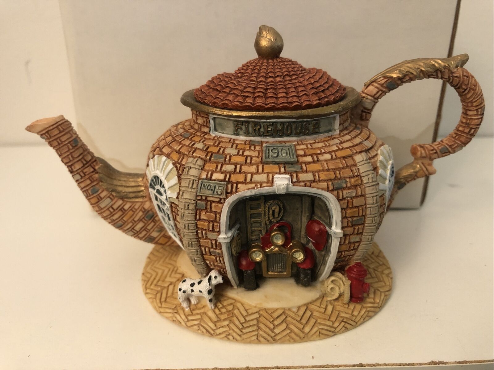 Vintage 1990’s Hometown Teapot Cottages Firehouse Hand Painted Figurine Statue