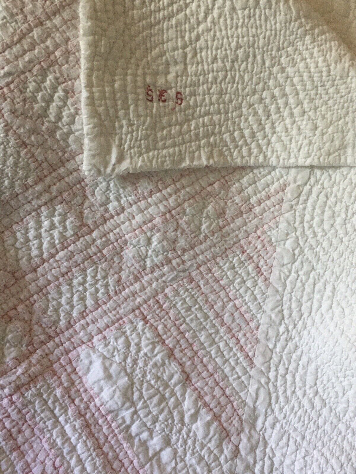 Antique  19thC Primitive Shabby Pink White Fabric Quilt~ Intricate Stitching