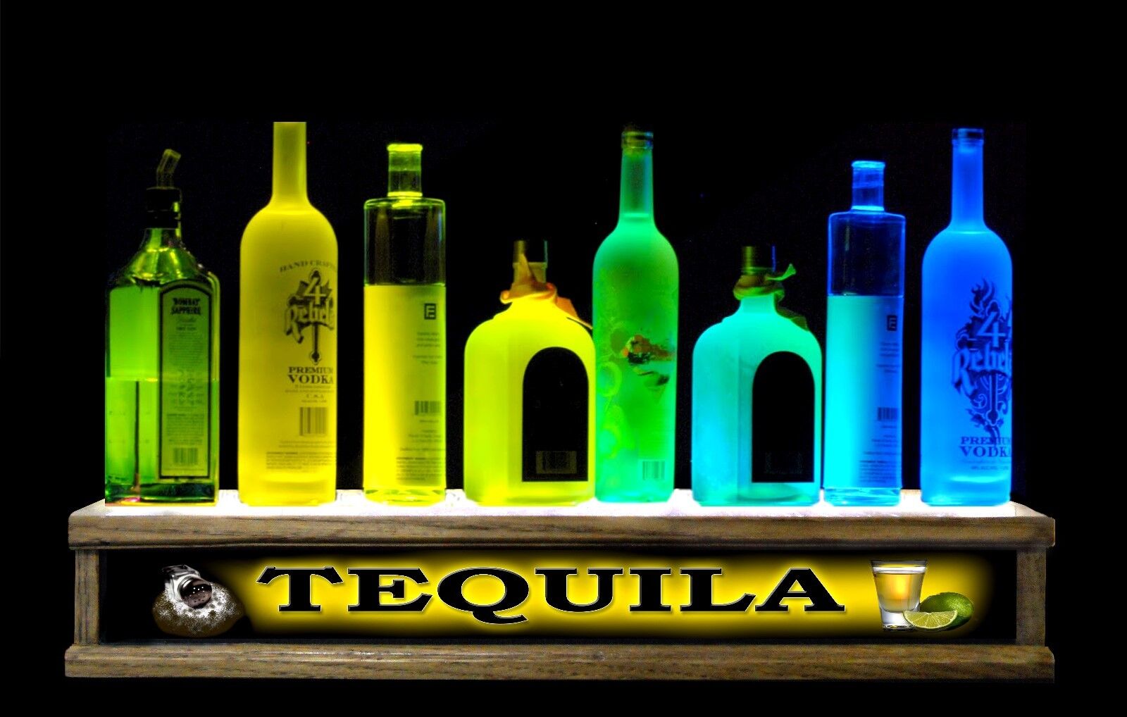 24” led TEQUILA shot glass and liquor bottle step display W/  BAR SIGN