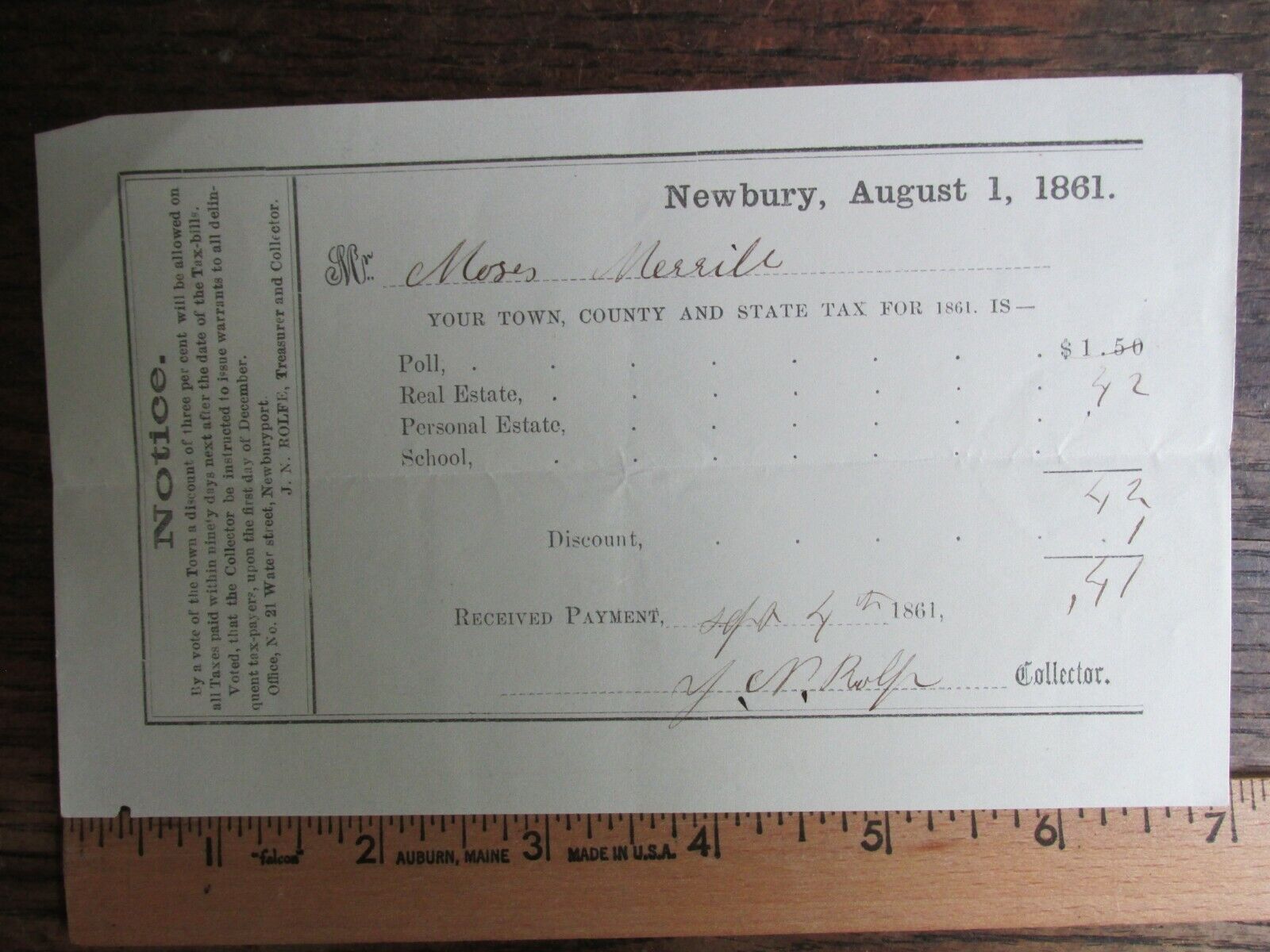 Antique Ephemera 1861 Tax Receipt Document Newbury Newburyport MA