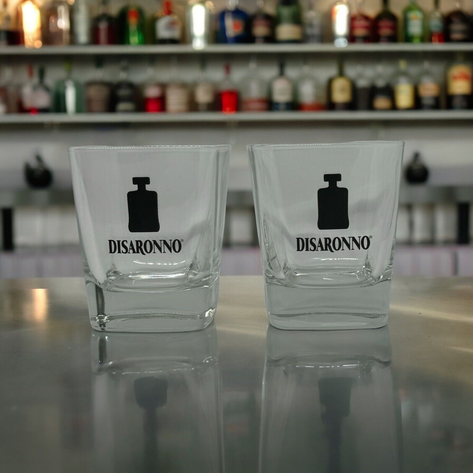 2 Vintage Disaronno Square Rocks Glass Clear With Black Design  8 oz 3.75