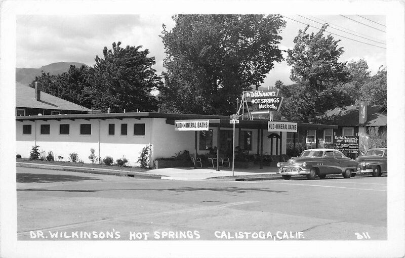 1950s Calistoga Napa California Wilkinsons Hot Springs Resort Auto RPPC Postcard