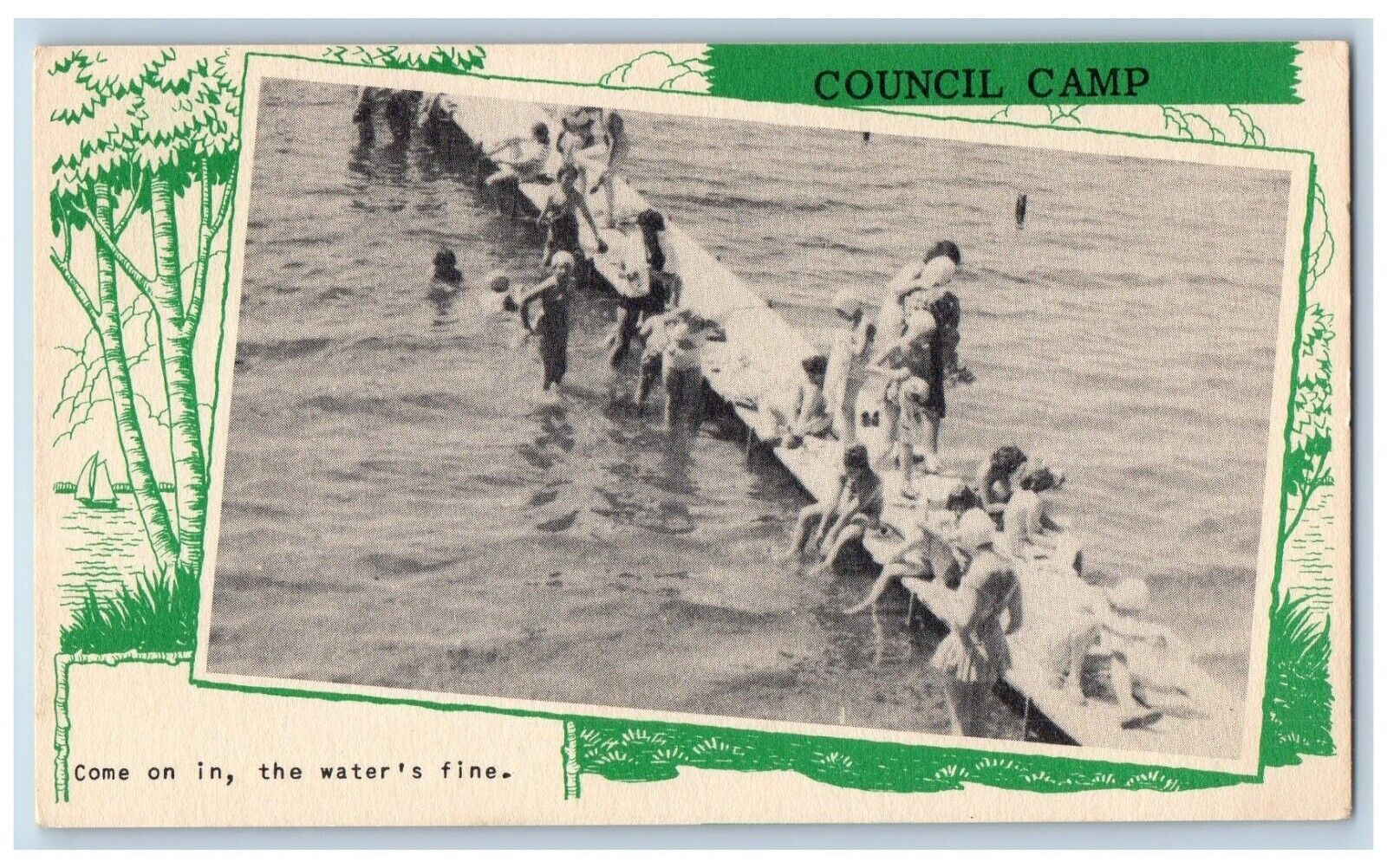 Minneapolis Michigan MI Postcard Council Camp Sunbathing Scene Water\'s Fine