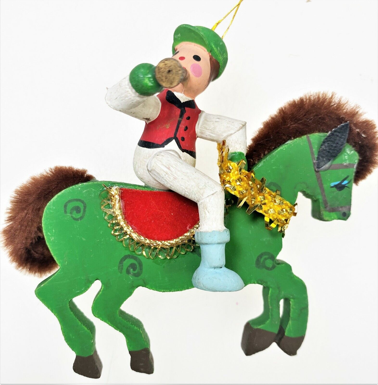 Painted Wood Lucky Green Horse Rider Vtg European Equestrian 3” x 4” ‌‌‌‌‌‌‌‌‌‌‌