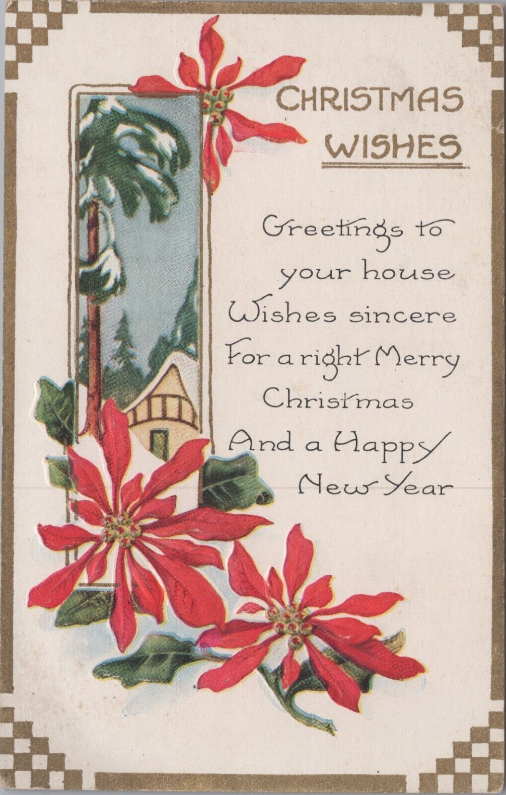 MR ALE Christmas Wishes Flowers House Snow  c1910s Postcard 6512d1