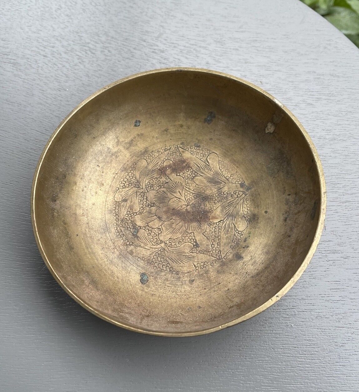 Vintage Solid Brass Hand Etched Bowl 4”