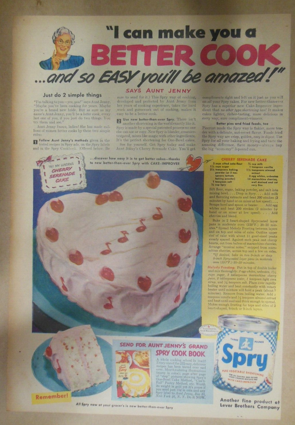 Spry Shortening Ad: Cherry Serenade Cake Recipe  1940\'s Size: 11 x 15 inches