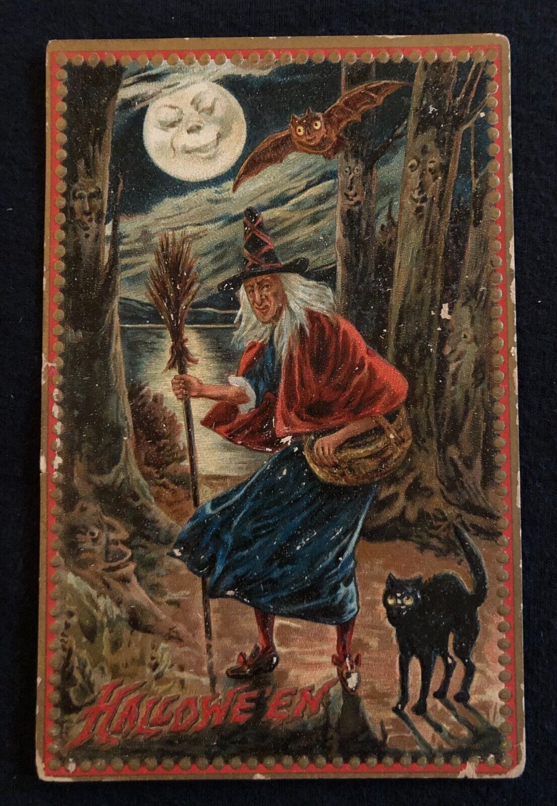 1910 Early Americana Halloween Greeting Witch Cat Embossed Color Post Card 