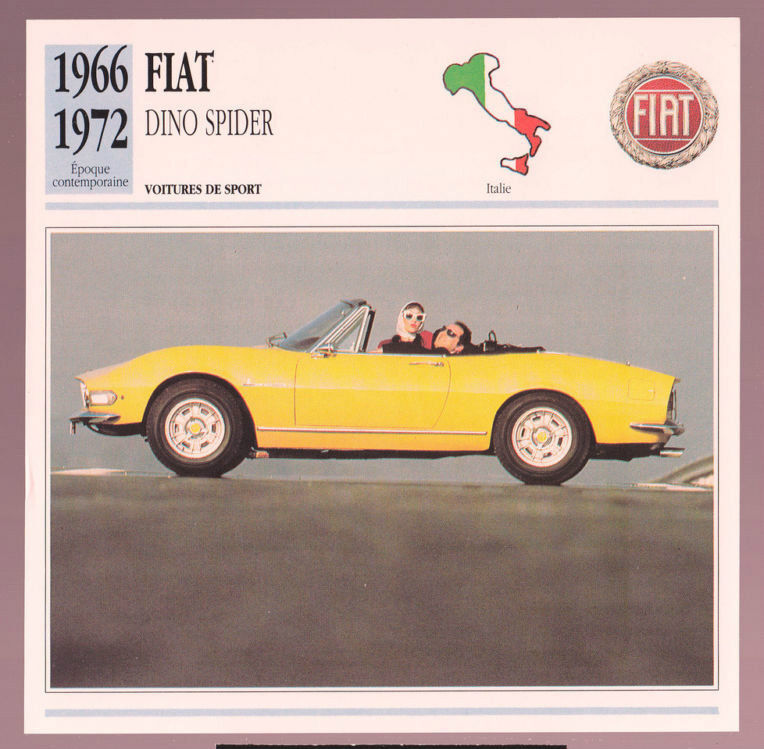1966-1972 Fiat Dino Spider Convertible Car Photo Spec Sheet Info French Card