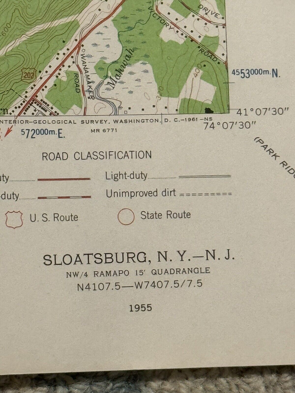 1955 Sloatsburg NY NJ Ramapo Quadrangle US Geological Survey Map