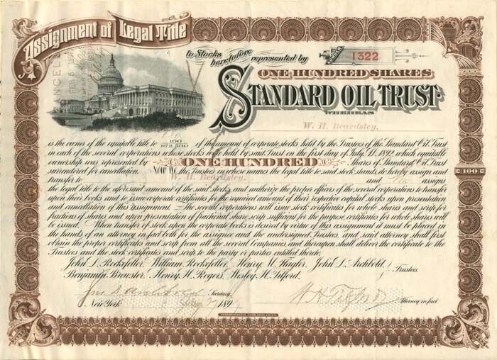 Standard Oil Trust signed by W.H. Beardsley, Archbold, and Tilford - Stock Certi