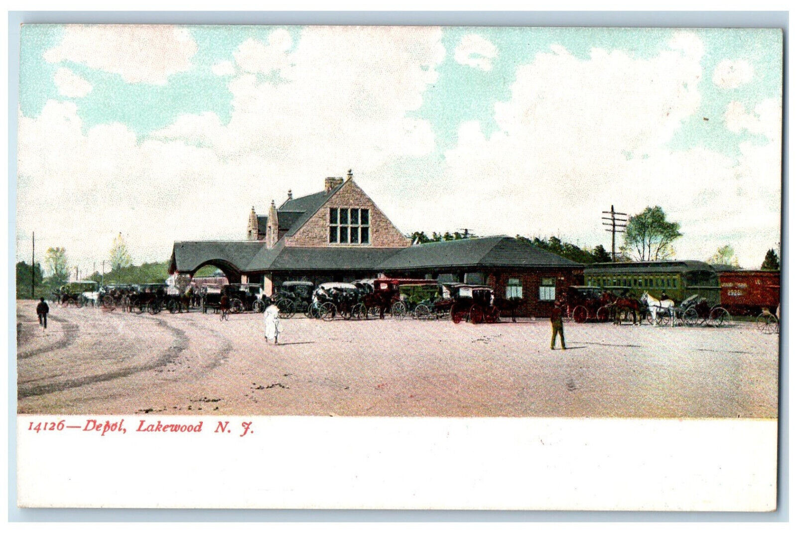 c1905 Depot, Horse Carriages, Train Wagon, Lakewood New Jersey NJ Postcard