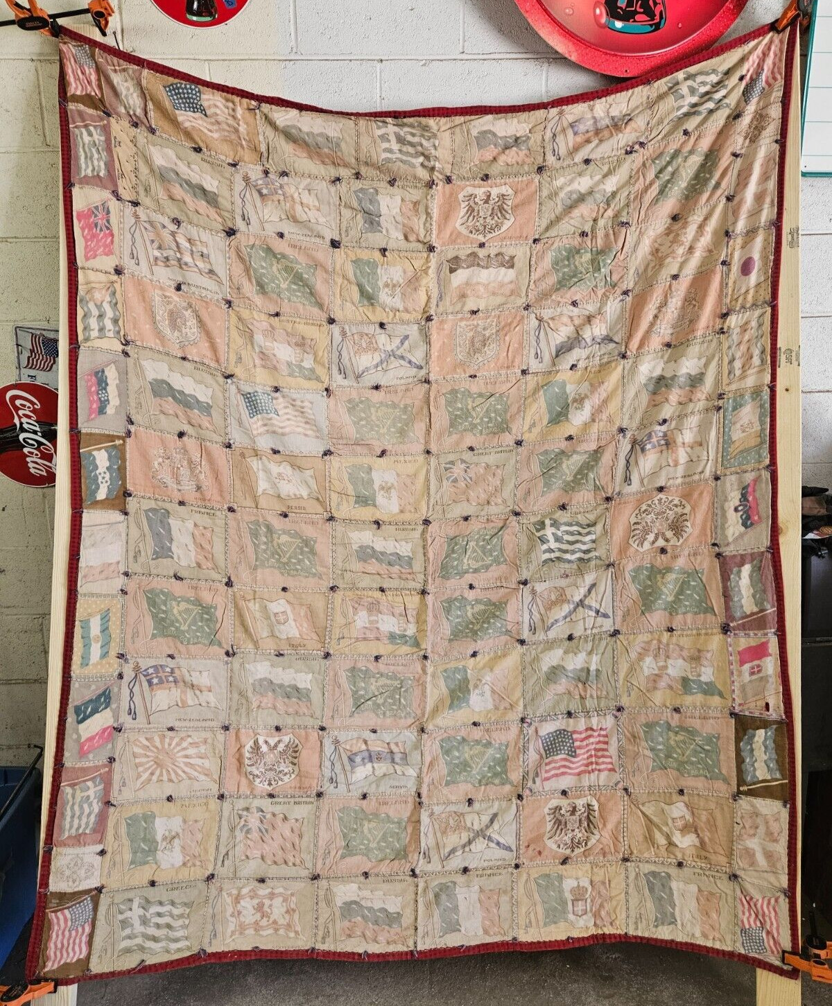 Unique Antique patchwork Quilt Hand Stitched Sewn Country flags
