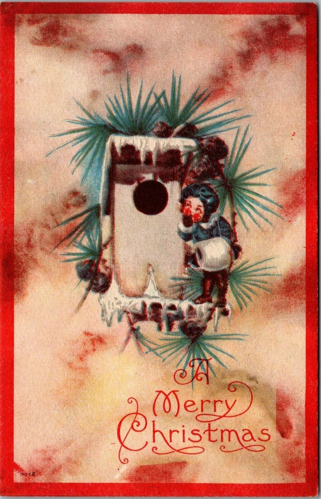 Christmas Postcard~Elf ? Child Looking into Birdhouse~c1915~Unposted