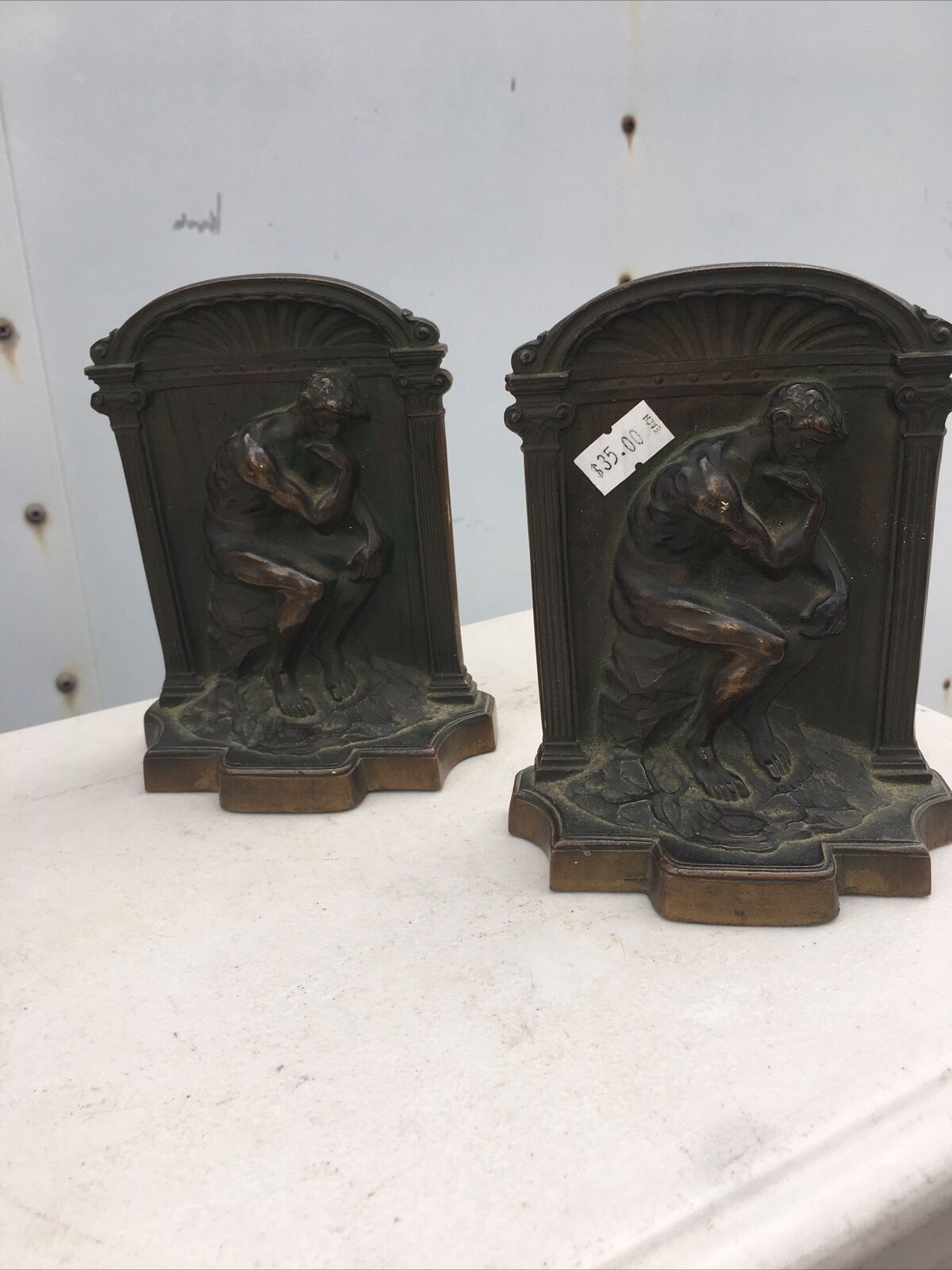 Vintage Rodin\'s The Thinker Alcove Bookends Heavy Cast Metal Solid Bronze 