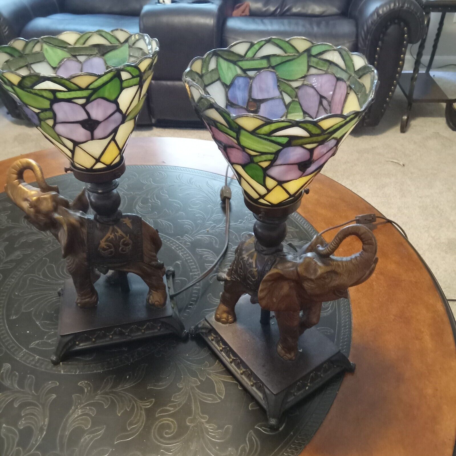Vintage/Antique Elephant Lamp Base.  Purple and green stained glass lamp