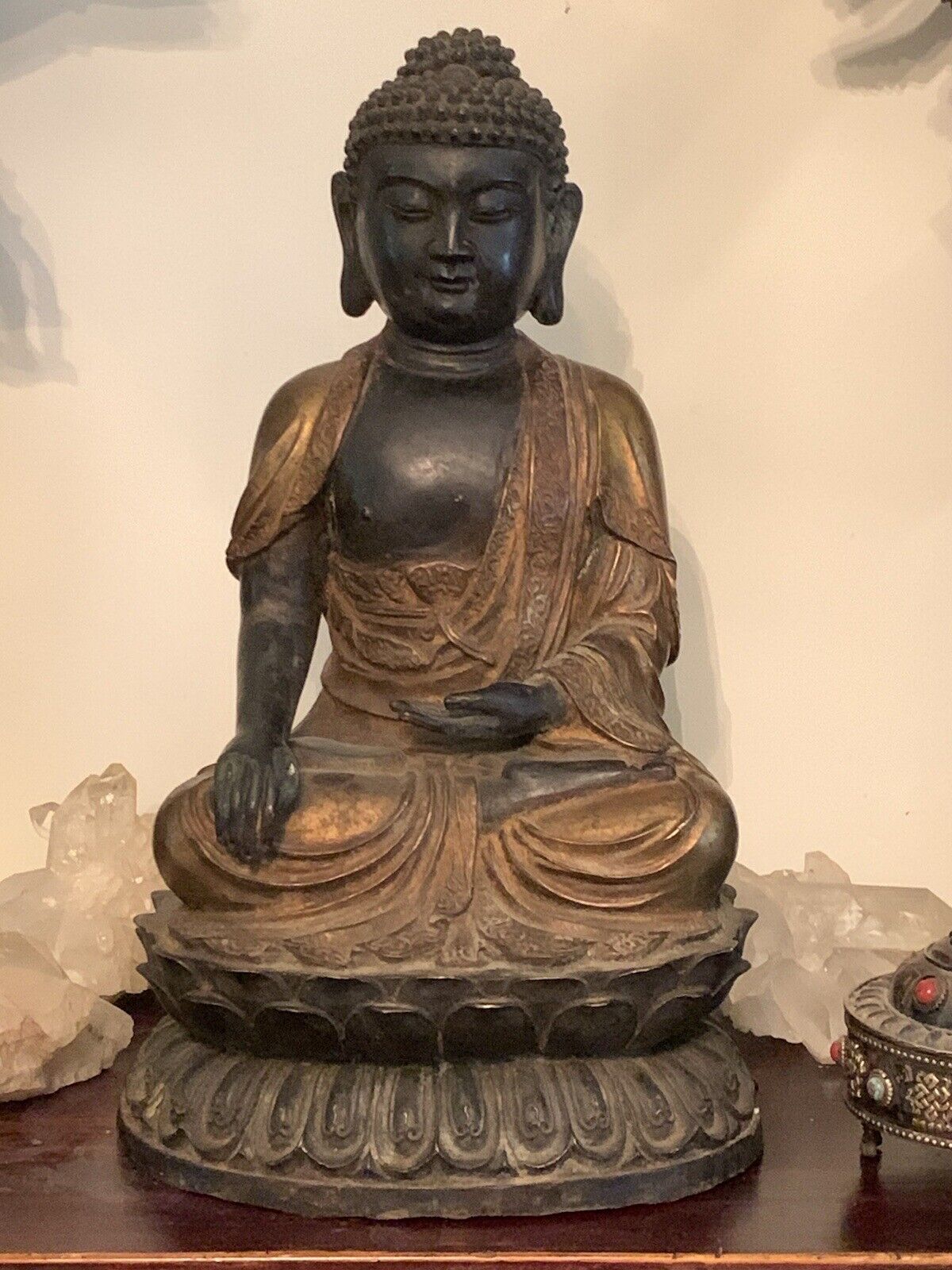 Old Tibet Earth Touching Buddha Statue Gilt Bronze Tibetan Buddhist Art 16” X 9”