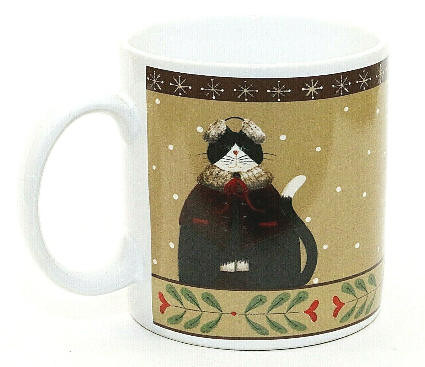 Sakura Holiday Mug Cozy Cats Fiddlestix Winter Cat Dark Coat VTG 10 oz Ceramic