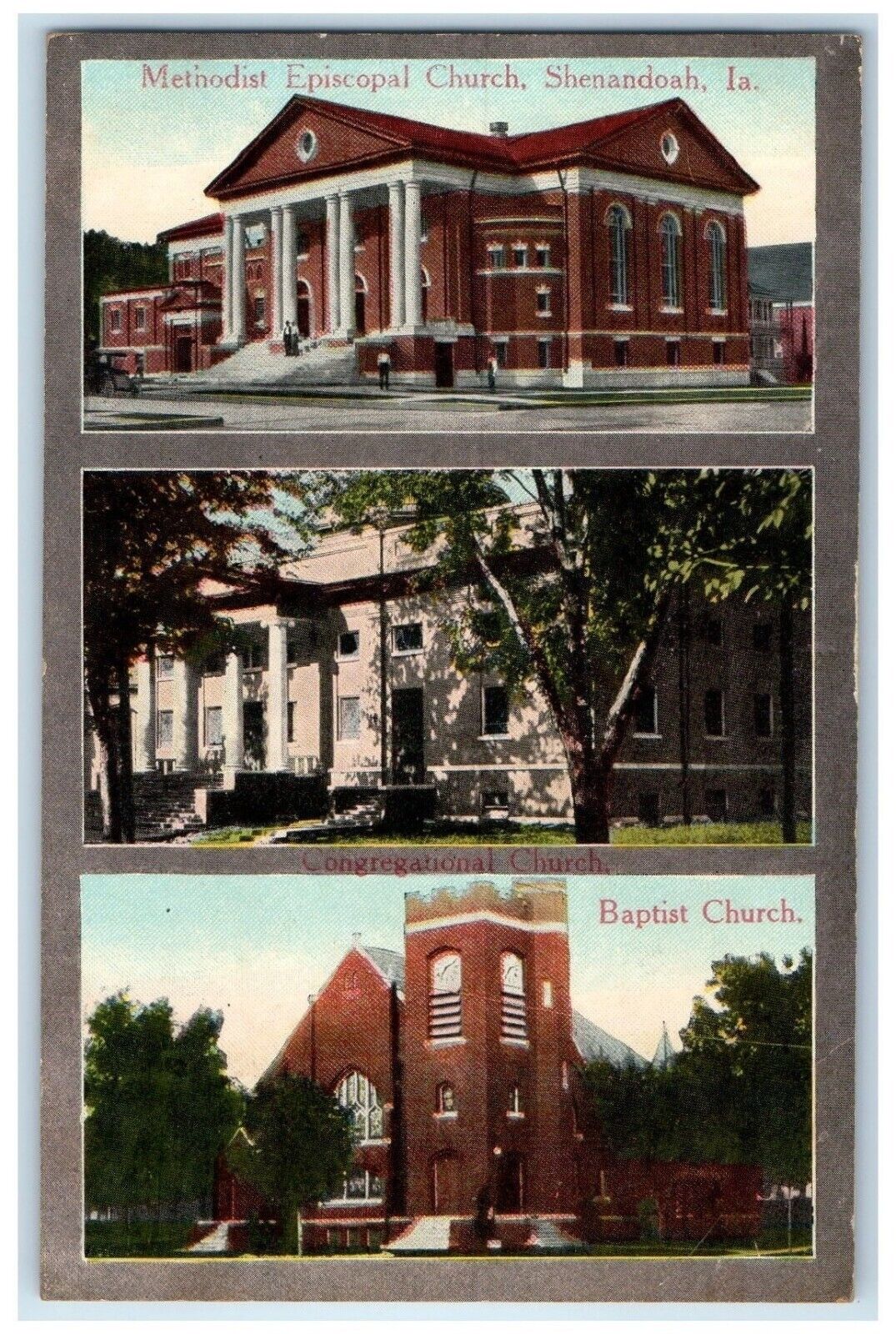 1911 Methodist Episcopal Church Baptist Church Shenandoah Iowa Vintage Postcard
