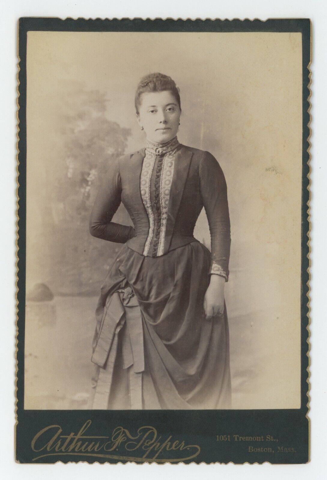 Antique Circa 1880s Cabinet Card Beautiful Woman in Gorgeous Dress Boston, MA