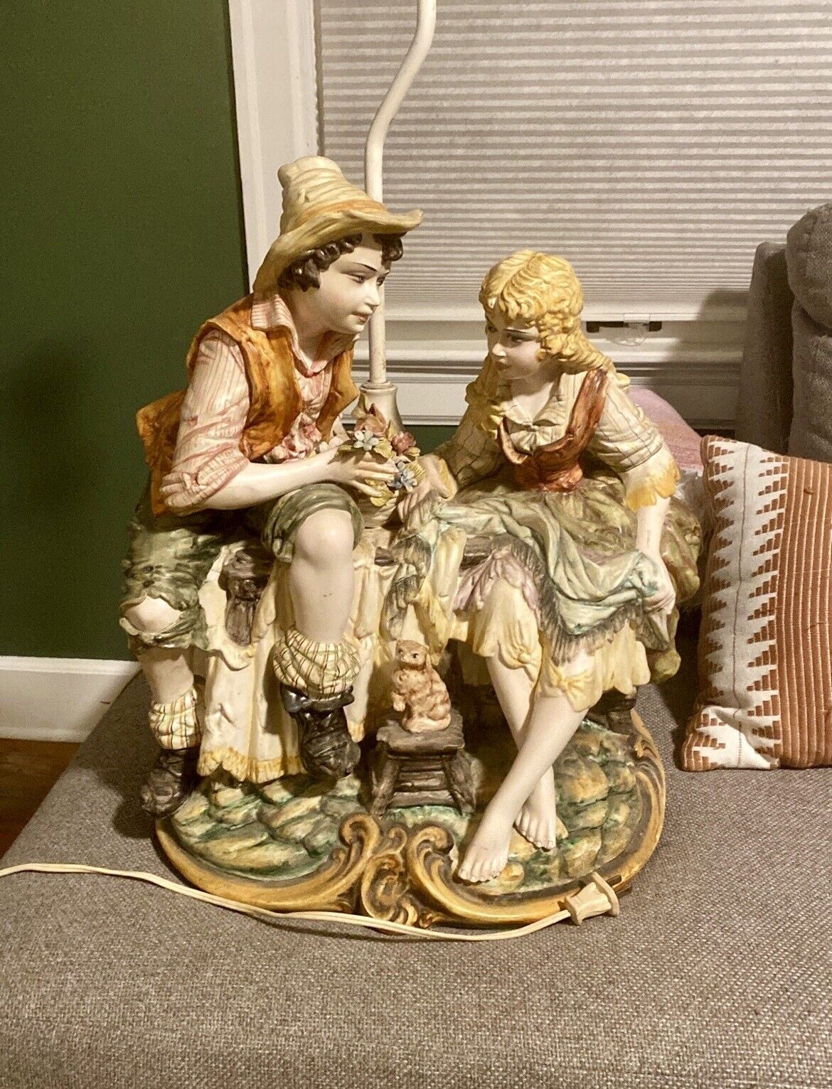 VINTAGE CAPODIMONTE TABLE LAMP Boy & Girl With Flowers And Kitten - No Shade 60s