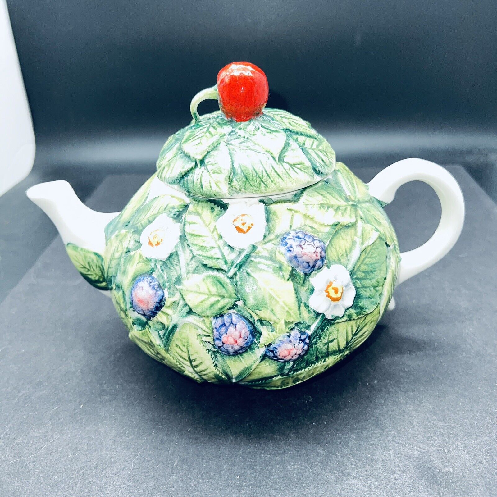 Vintage Made In Italy Green Leaf and Flowers Strawberry Teapot Textured Design