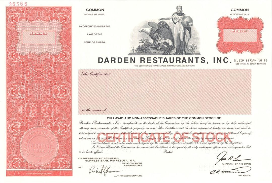 Darden Restaurants, Inc. - 1995 dated Specimen Stock Certificate - Specimen Stoc